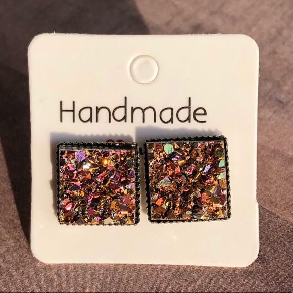 Copper Magenta Chunky Druzy Square Bronze Earrings - Picture 5 of 11